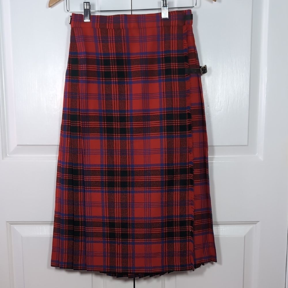 Vintage Wool Blend Red Tartan Plaid Kilt Wrap Midi Skirt Indie Grunge Academia